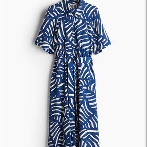 H&M blue and white tie belt shirt dress large